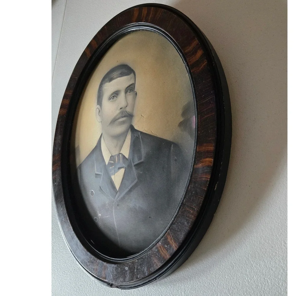 Antique Victorian Oval Crayon Portrait Man Tiger Wood Frame 1800s Folk Art